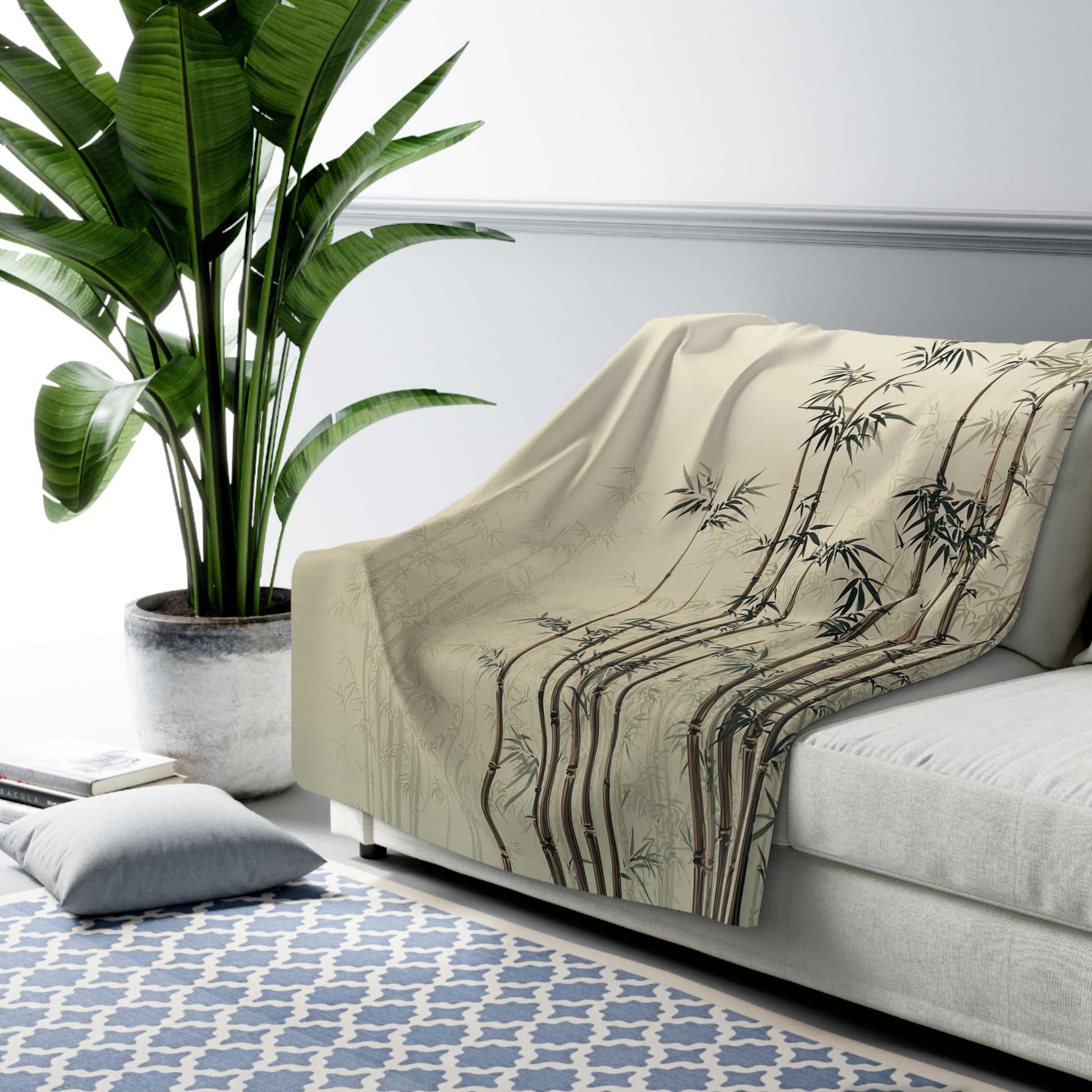 Bamboo Grove sherpa fleece blanket — cozy neutral Asian-inspired throw, boho home decor, housewarming gift