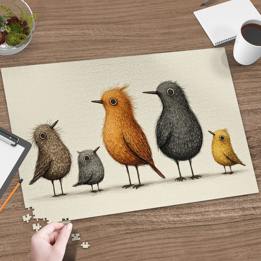 Five cartoon birds of varying sizes and colors arranged in a line.