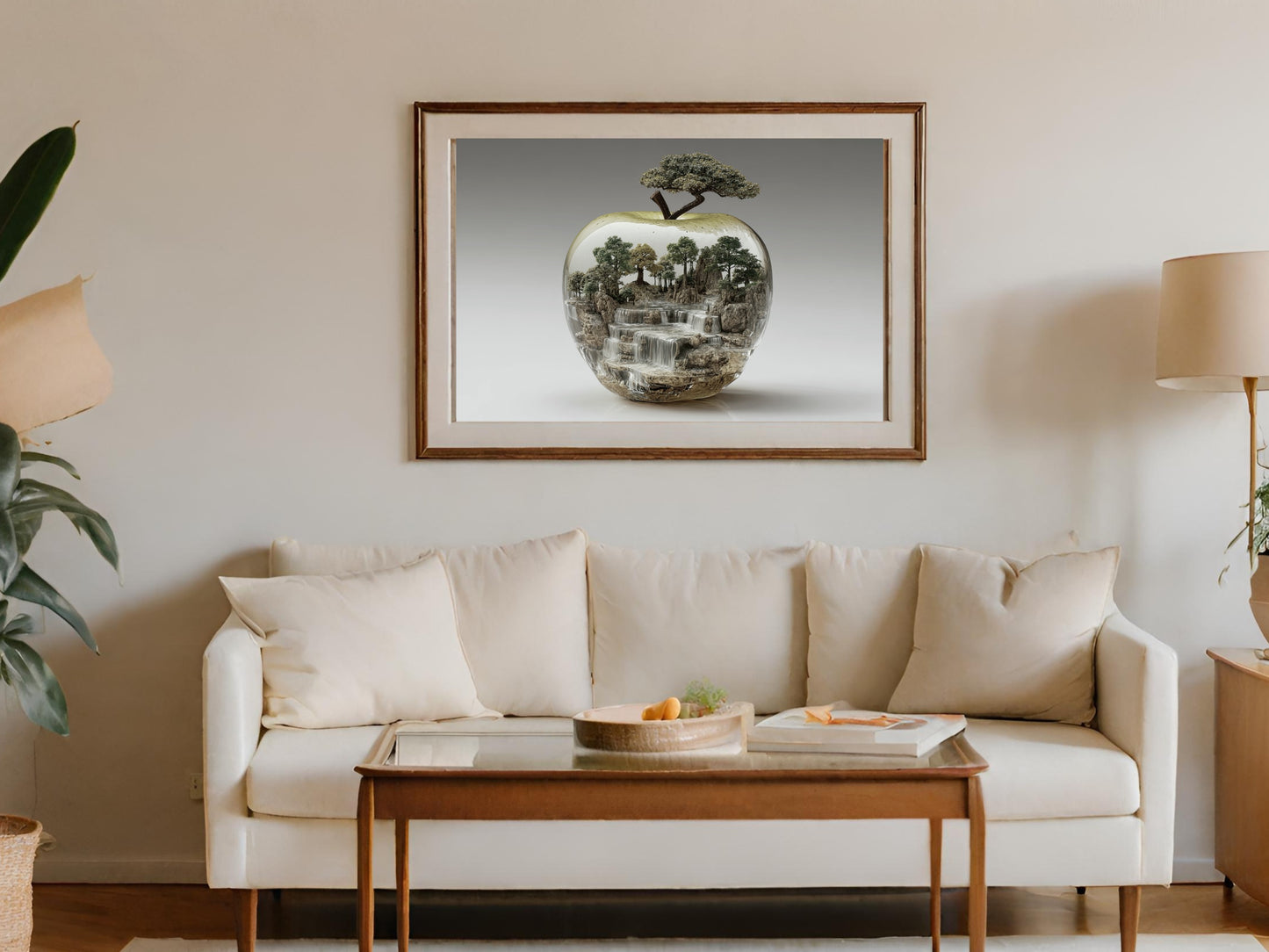 Framed artwork on wall above a couch, showing a miniature landscape inside an apple.