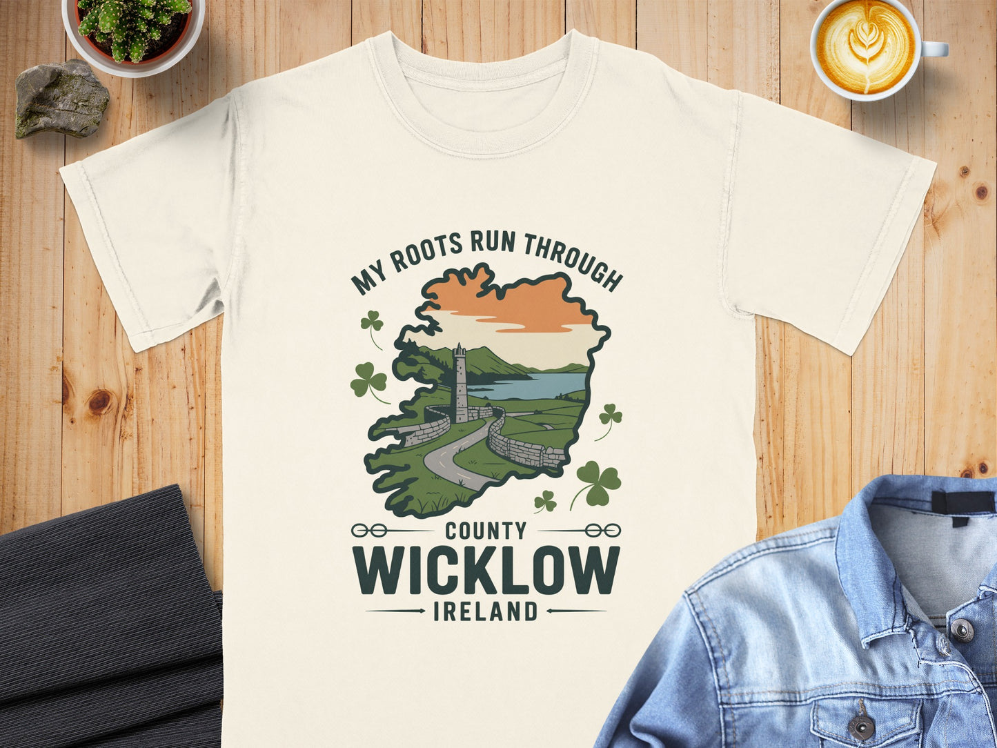 T-shirt with map of County Wicklow, Ireland, and "My Roots Run Through" text.