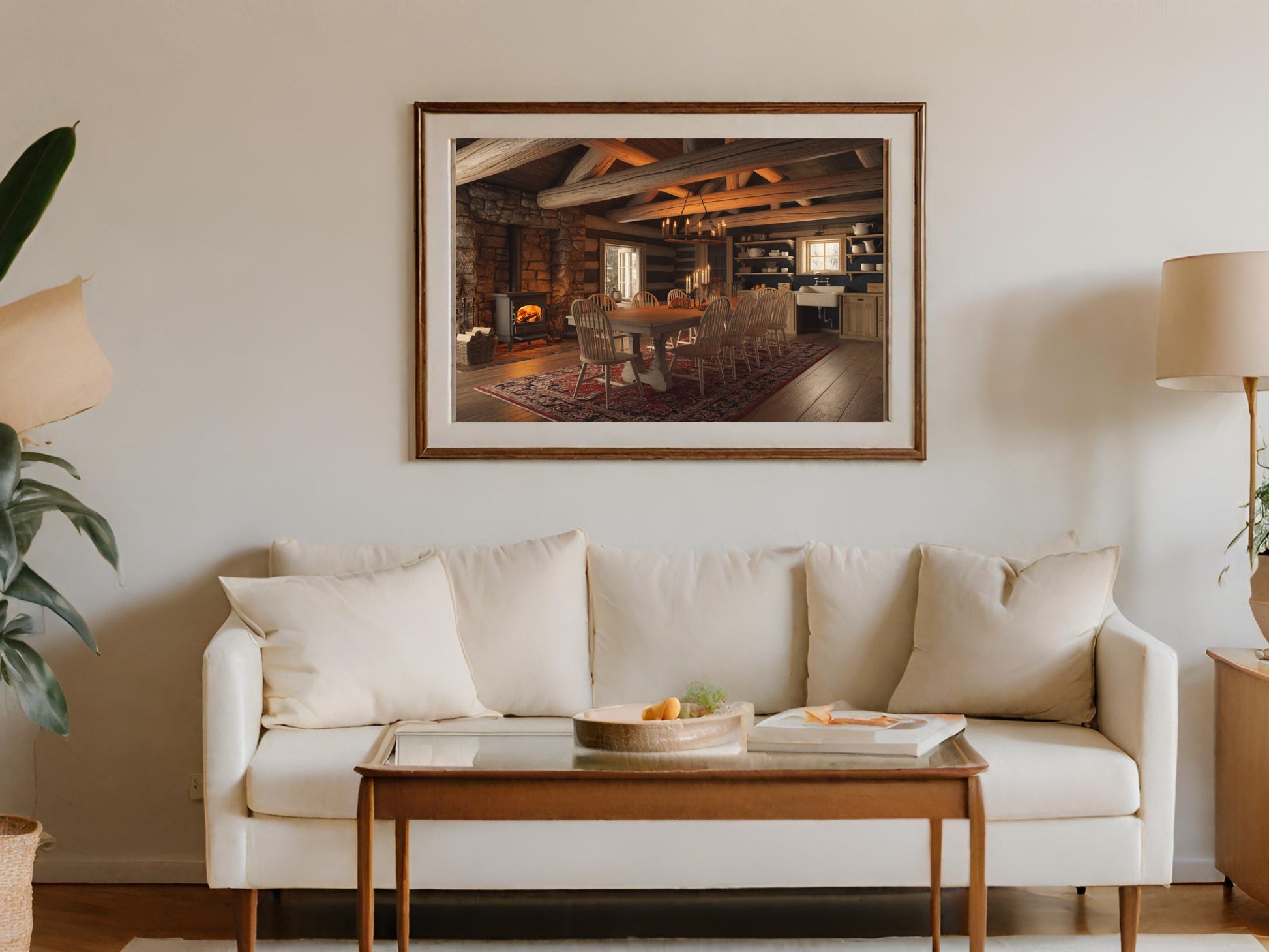 Cozy living room with a framed painting of a rustic dining room scene.