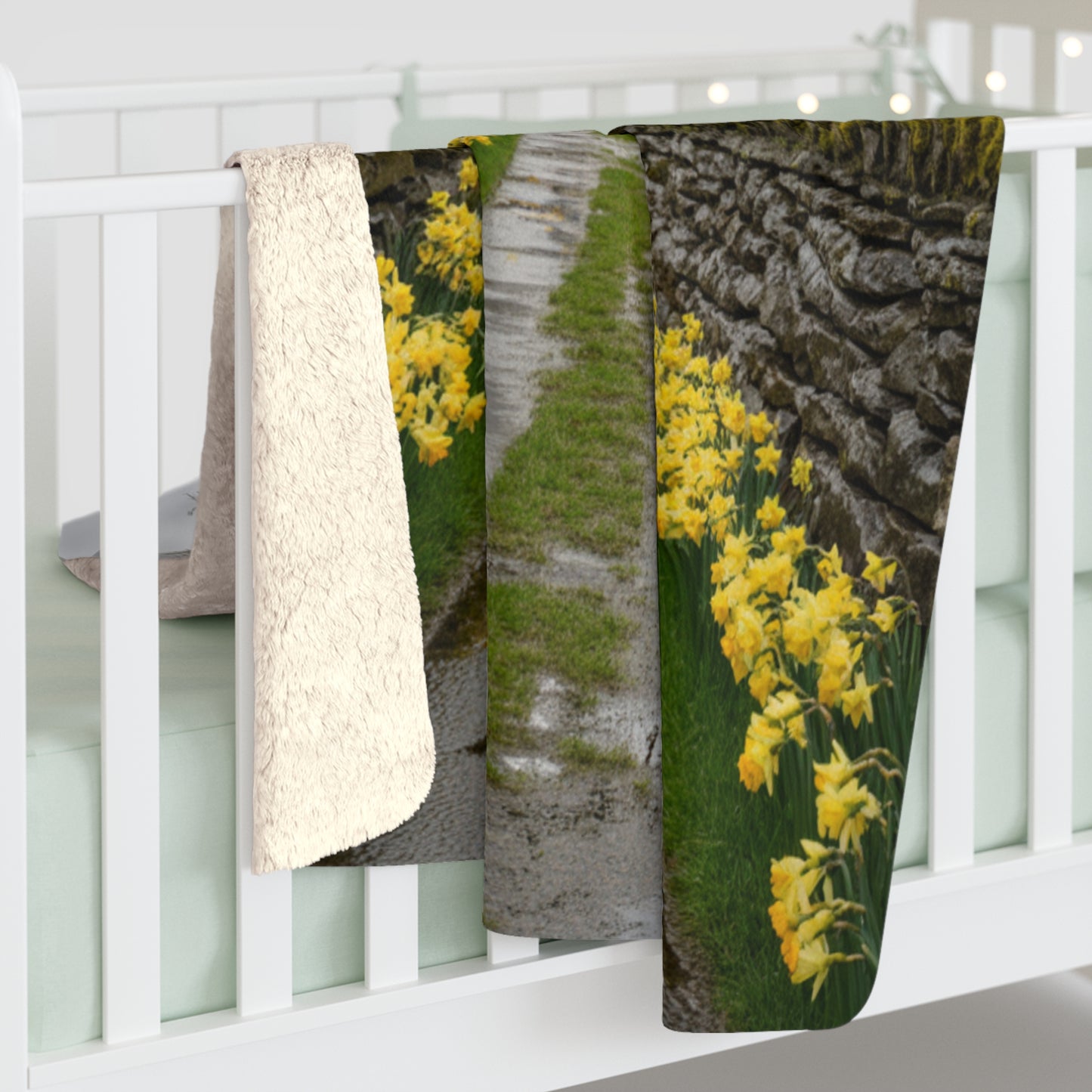 English Countryside Sherpa Blanket — Daffodil Lane & Misty Farmhouse Landscape