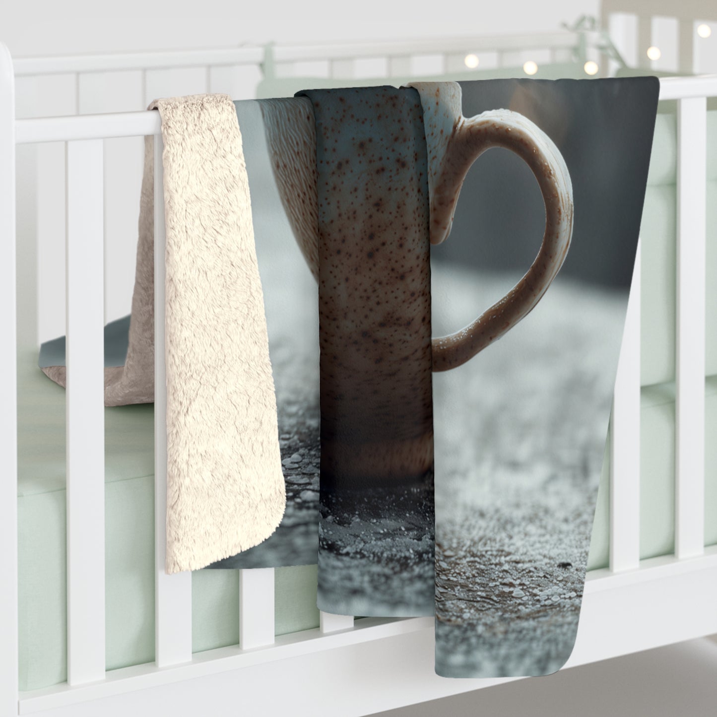 Cozy Winter Cabin Mug sherpa fleece blanket — warm holiday throw, Christmas gift, rustic cottagecore decor