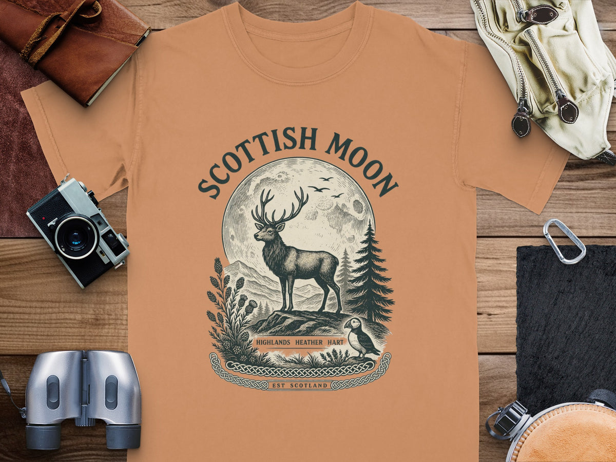 Scottish Moon graphic with deer, moon, puffin, and text.