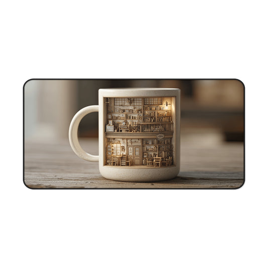 Cozy Miniature Library Desk Mat — Warm Bookshop Mug Design