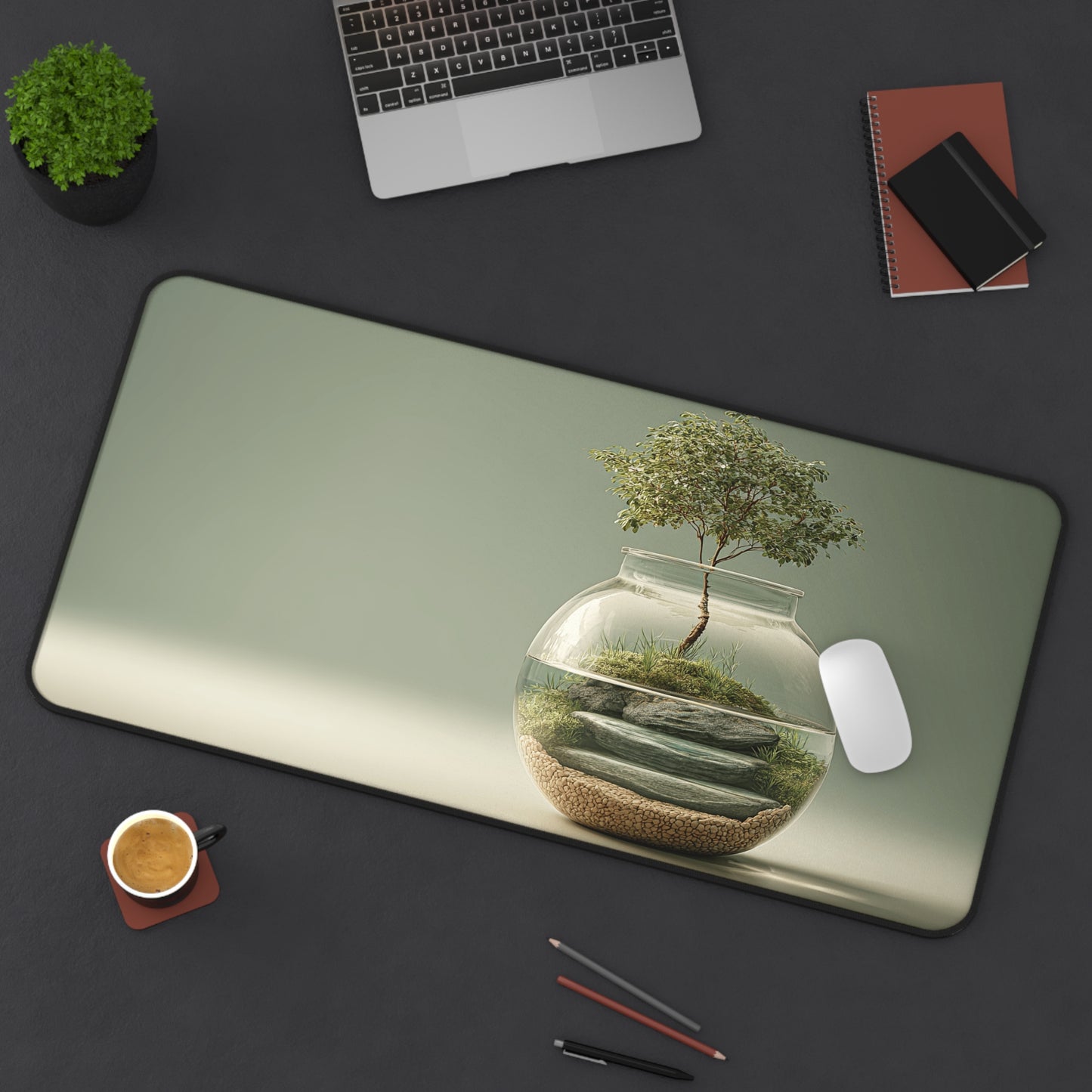 Terrarium Zen Desk Mat — Minimalist Glass Globe Plant Mouse Pad
