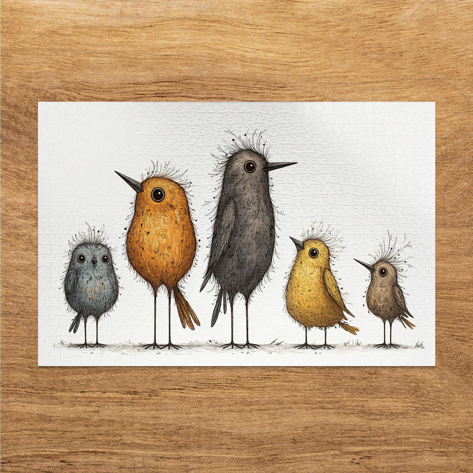 Five whimsical cartoon birds of varying sizes and colors stand in a row.