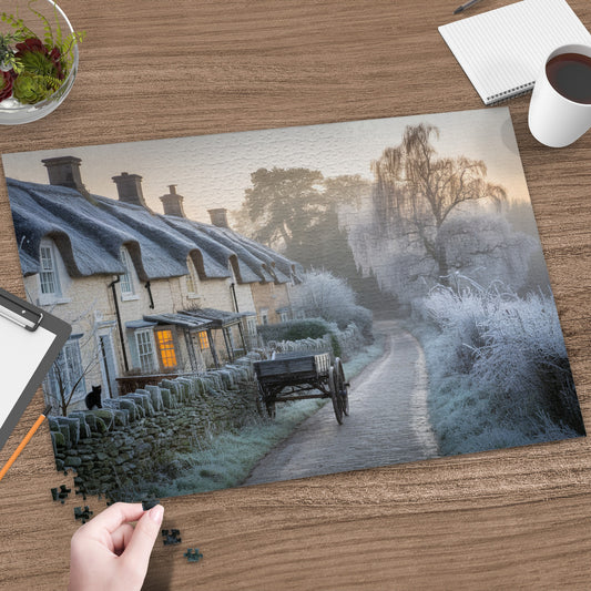 Thatched cottages line a frosty road with a wooden cart, a black cat.
