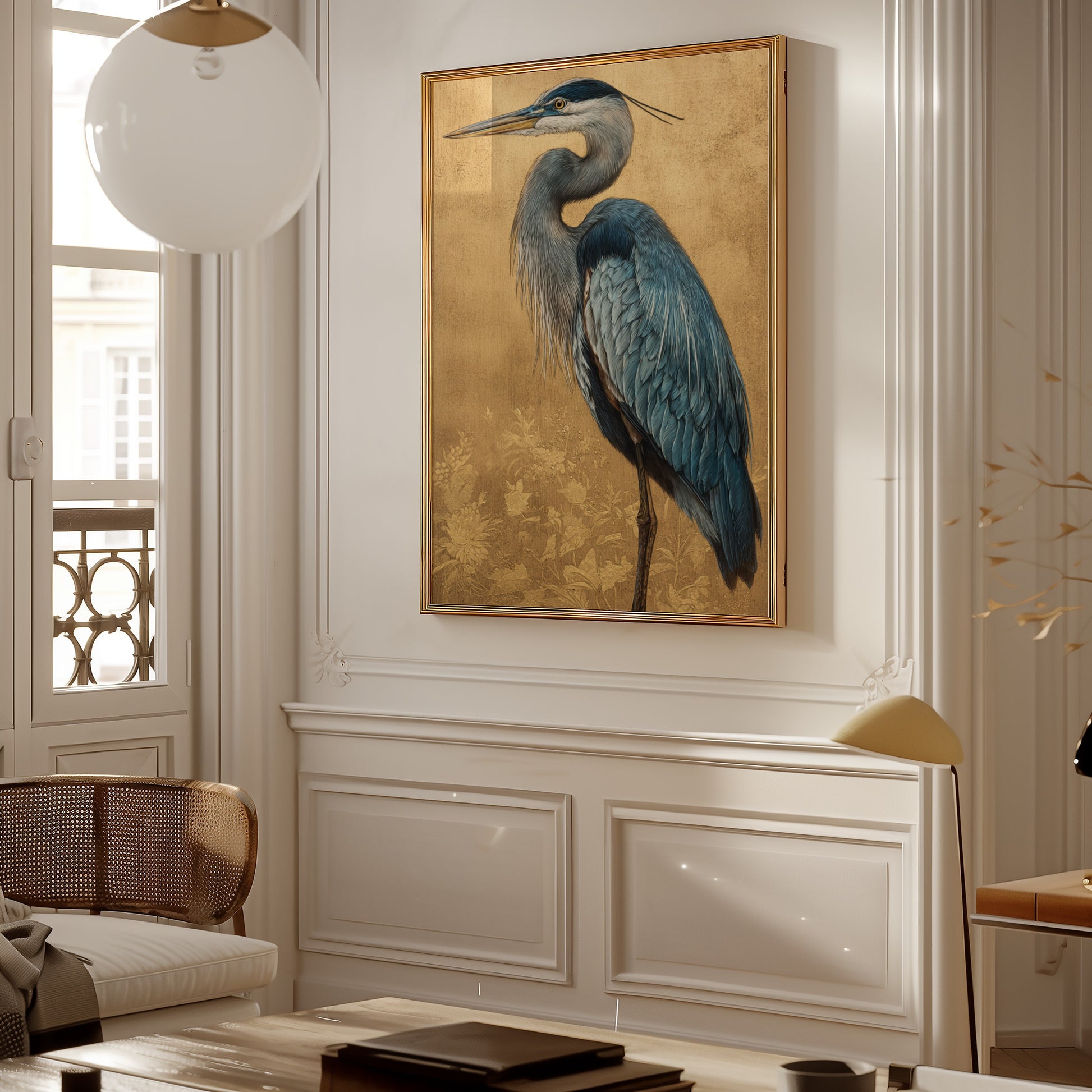 Vintage Blue Heron Painting for Elegant Home Decor