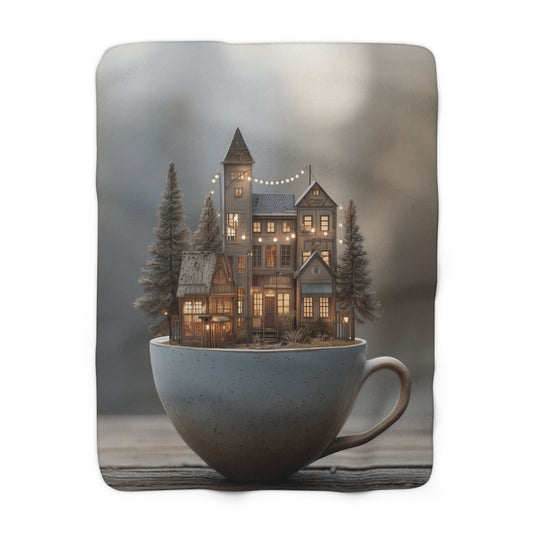 Cozy Cottage in a Cup sherpa blanket — soft fleece throw, whimsical holiday gift, cottagecore home decor