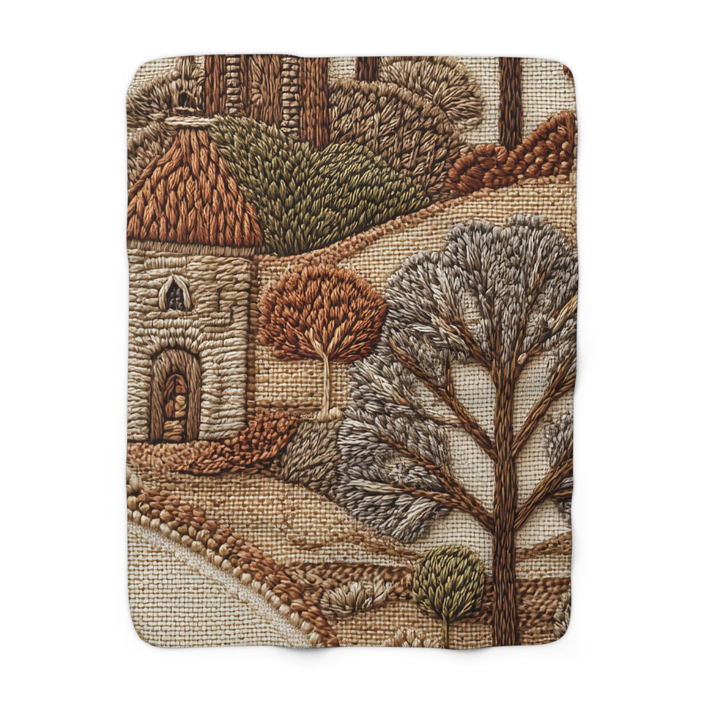 Embroidered Village cozy sherpa blanket — rustic cottagecore fleece throw, housewarming gift, living room decor