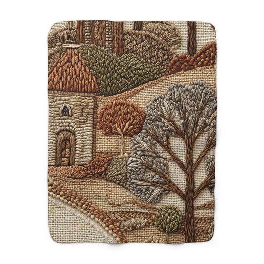 Embroidered Village cozy sherpa blanket — rustic cottagecore fleece throw, housewarming gift, living room decor