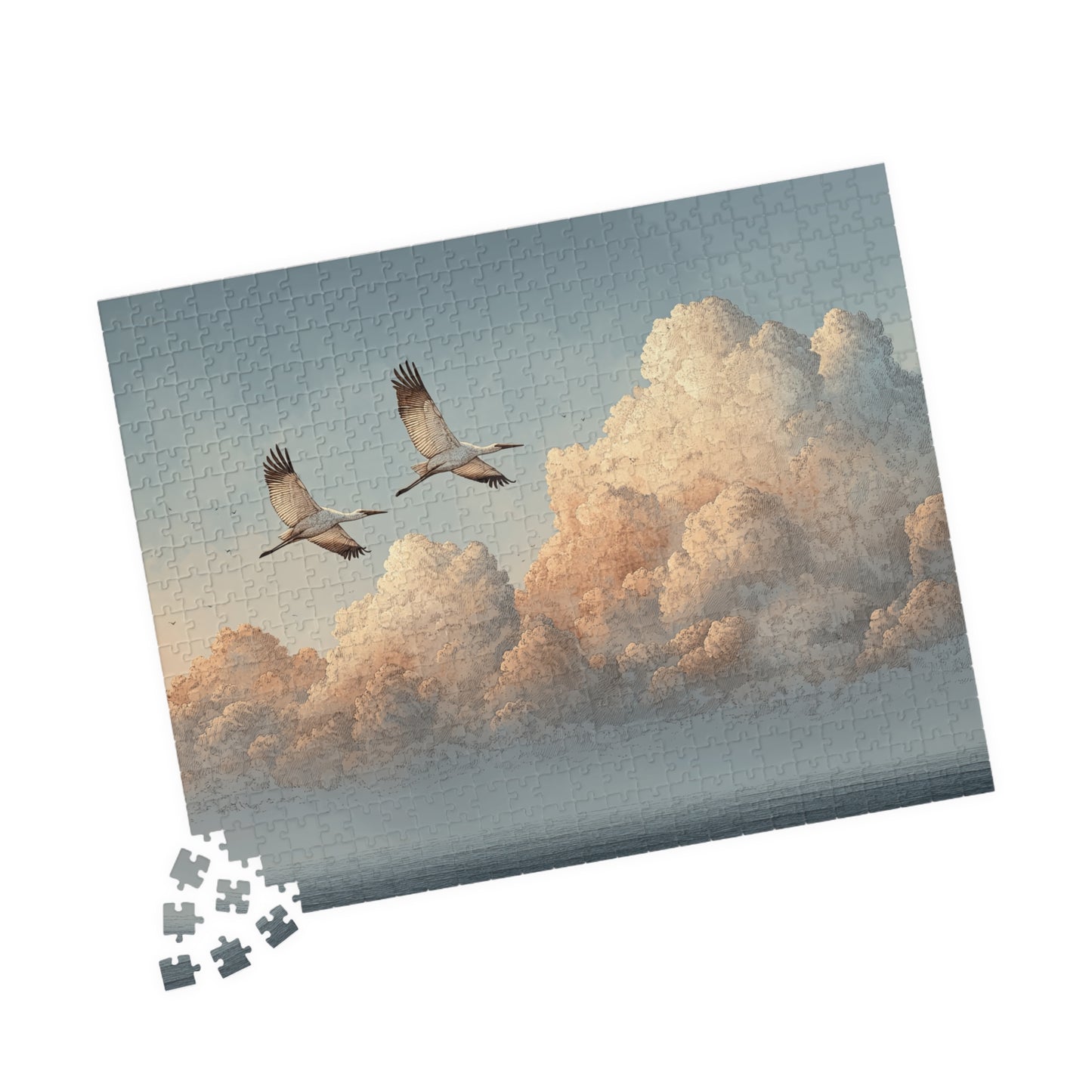 Soaring Cranes Over Cloudscape Jigsaw Puzzle — Calming Sky Art Puzzle 520/1014 pcs)