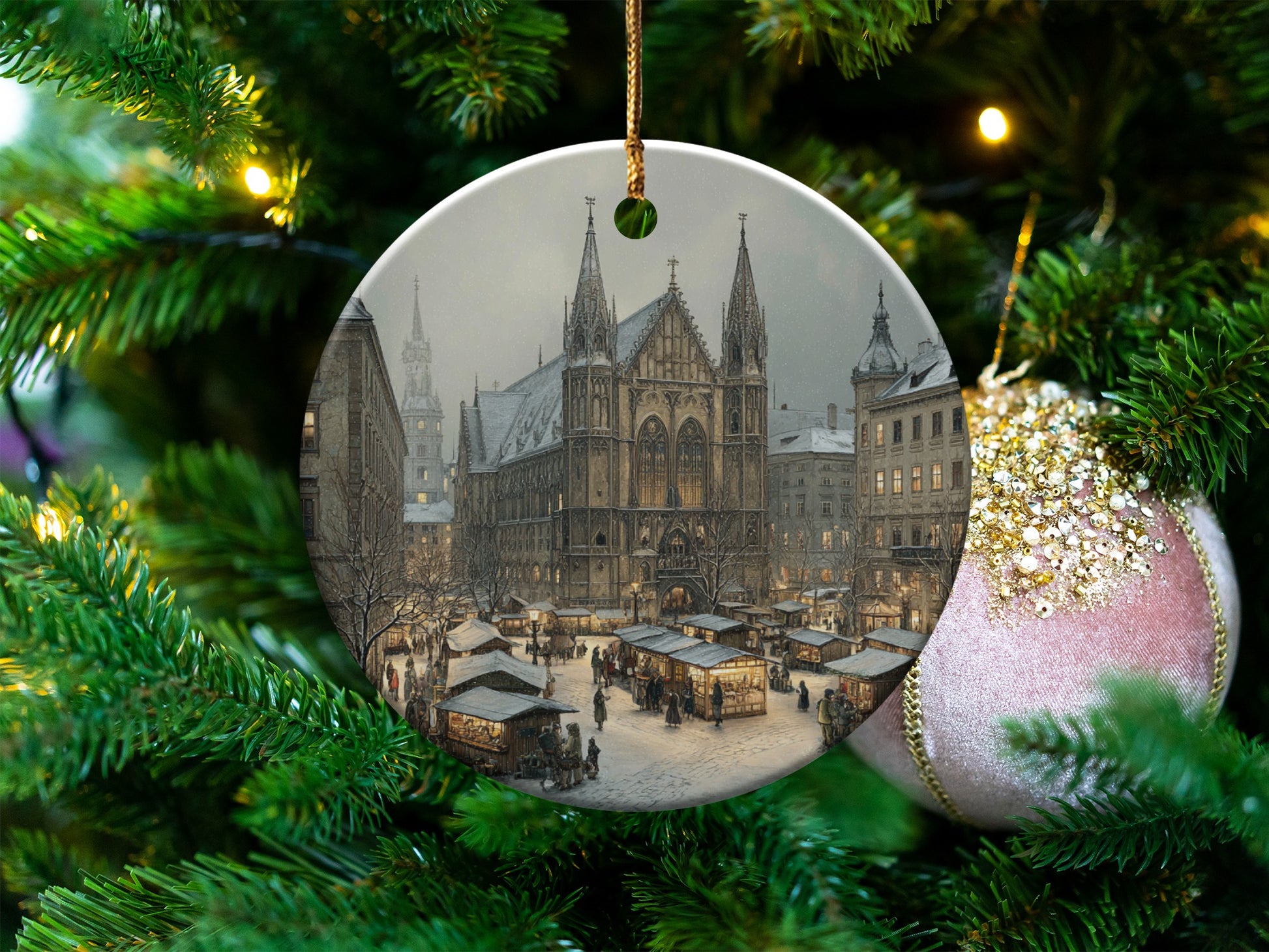 Vintage Holiday Market Scene Christmas Ornament