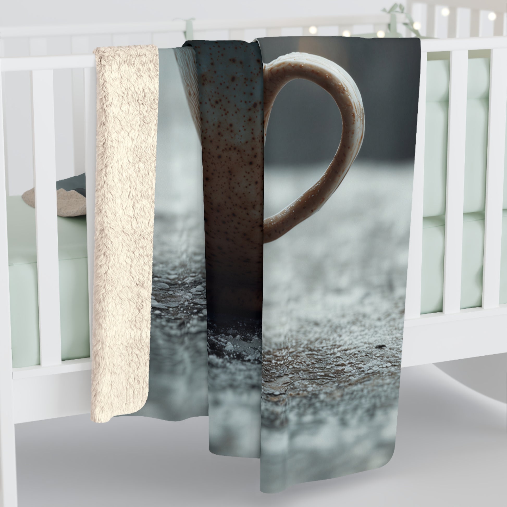 Cozy Winter Cabin Mug sherpa fleece blanket — warm holiday throw, Christmas gift, rustic cottagecore decor