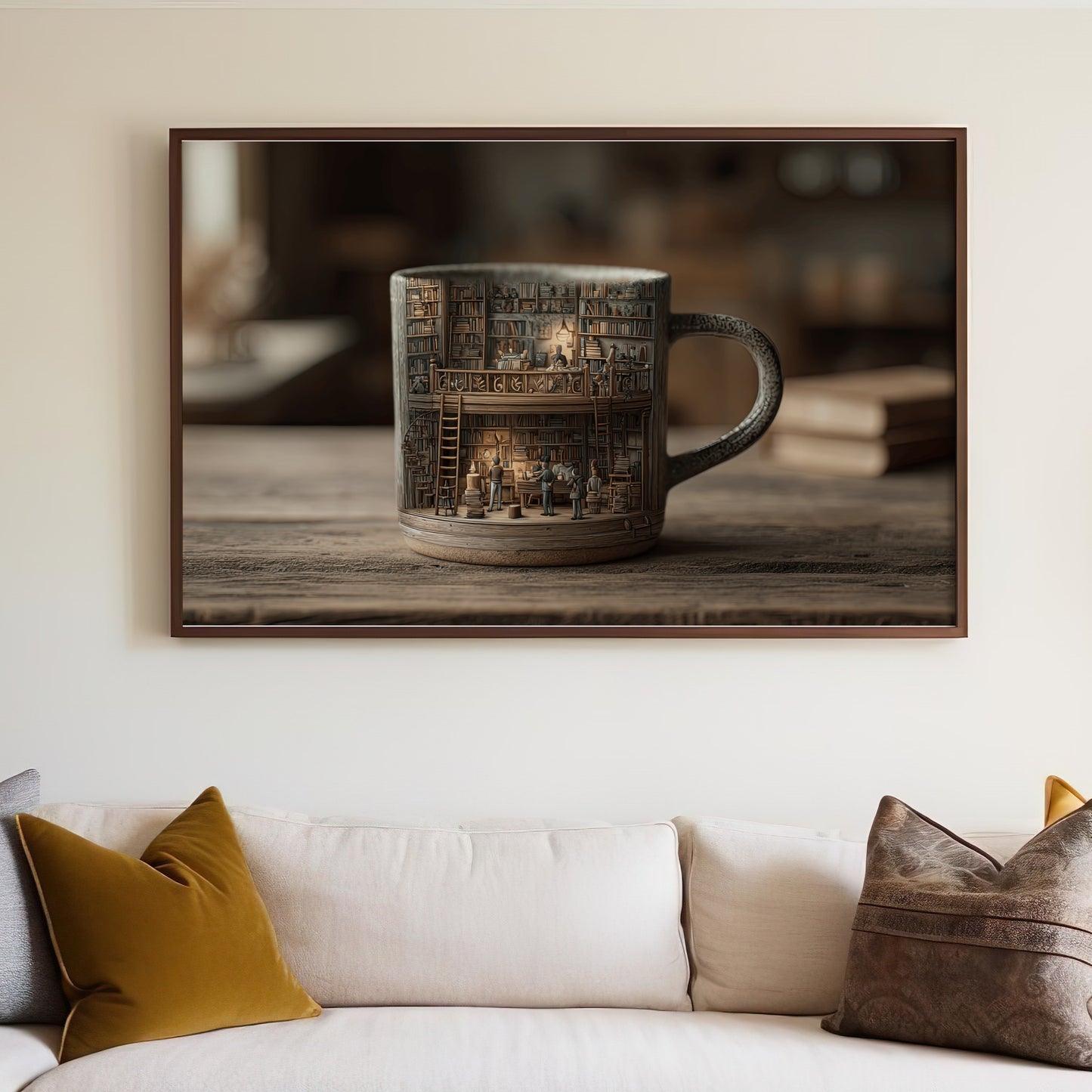 Mug filled with a detailed miniature library scene, framed art.