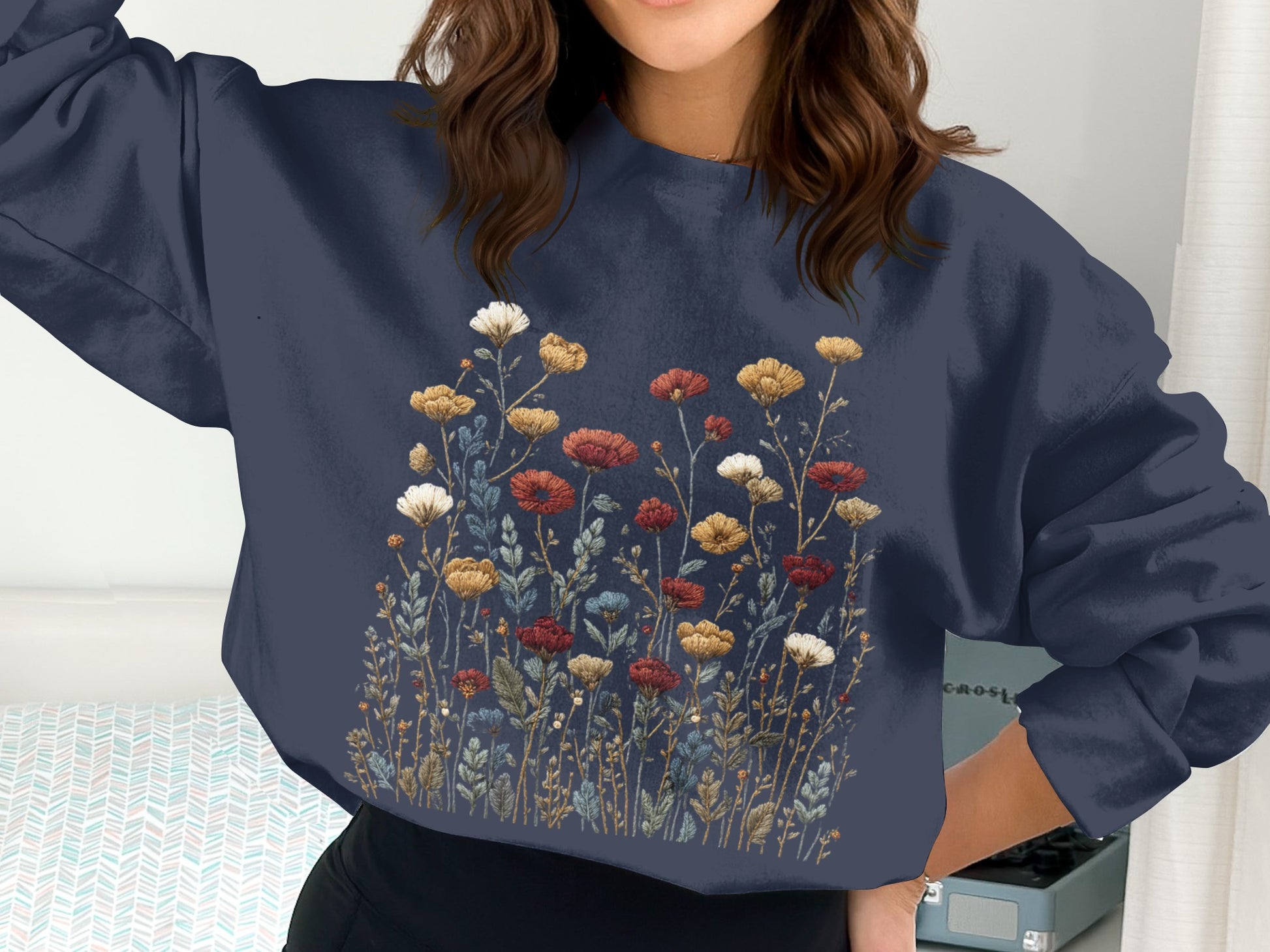 Floral Pattern Graphic Dark Blue Oversized Sweatshirt