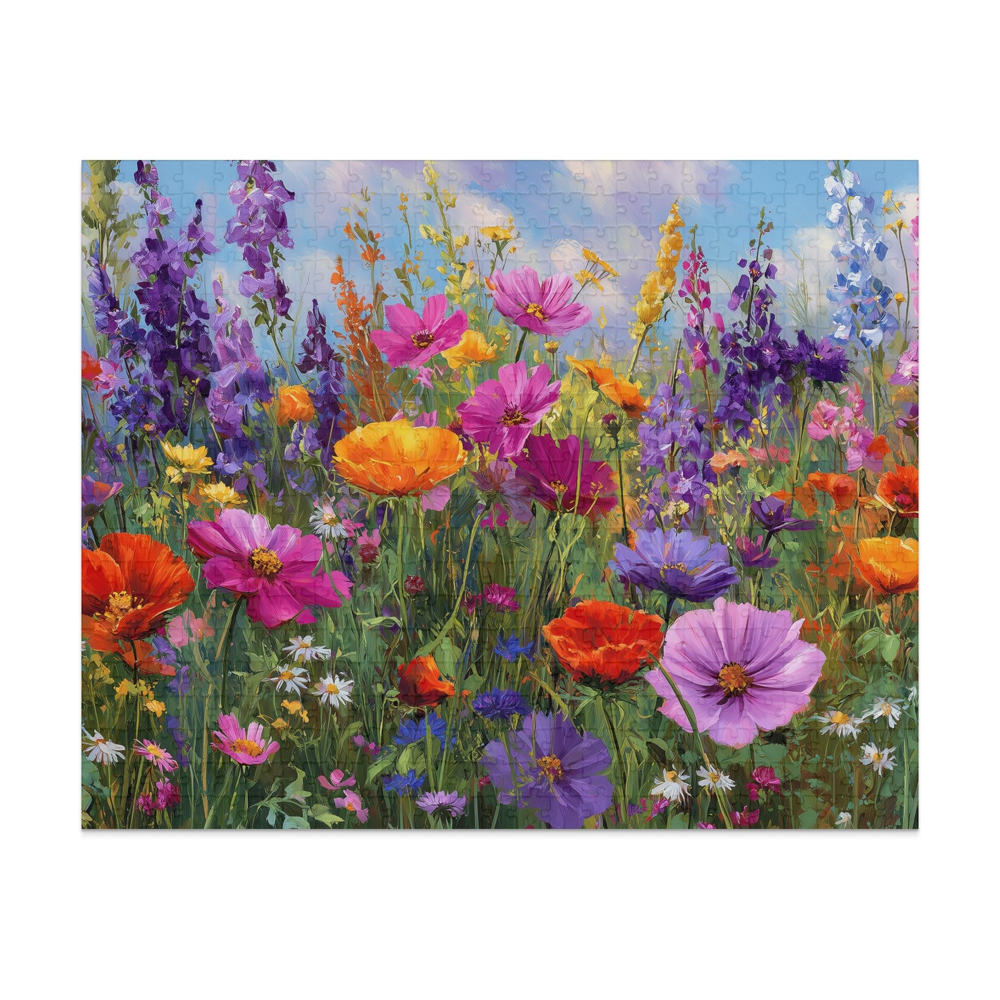 Vibrant wildflowers in a meadow under a blue sky.