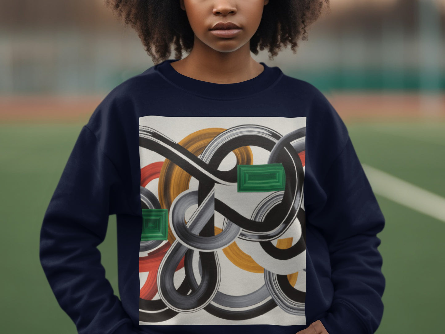 Abstract Artistic Circular Design on Dark Sweatshirt