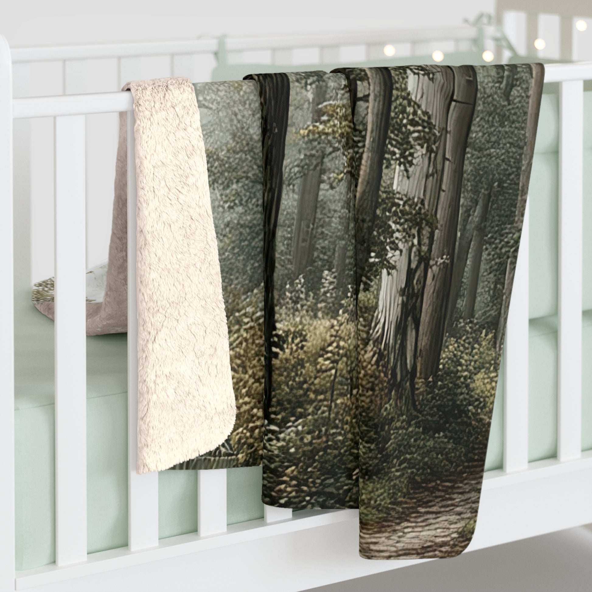 Woodland Mist sherpa blanket — cozy forest fleece throw, nature lover gift, rustic home decor