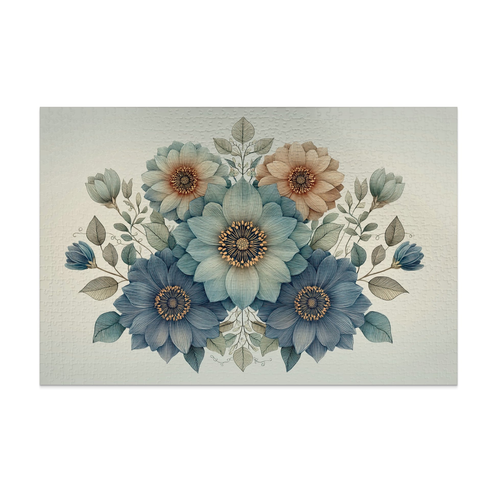 Vintage Floral Puzzle Art with Blue and Beige Flowers