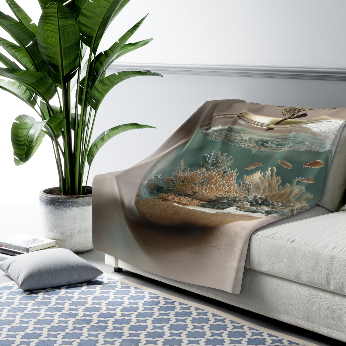 Terrarium Apple Ocean sherpa fleece blanket — nature-inspired cozy throw, unique gift, boho home decor