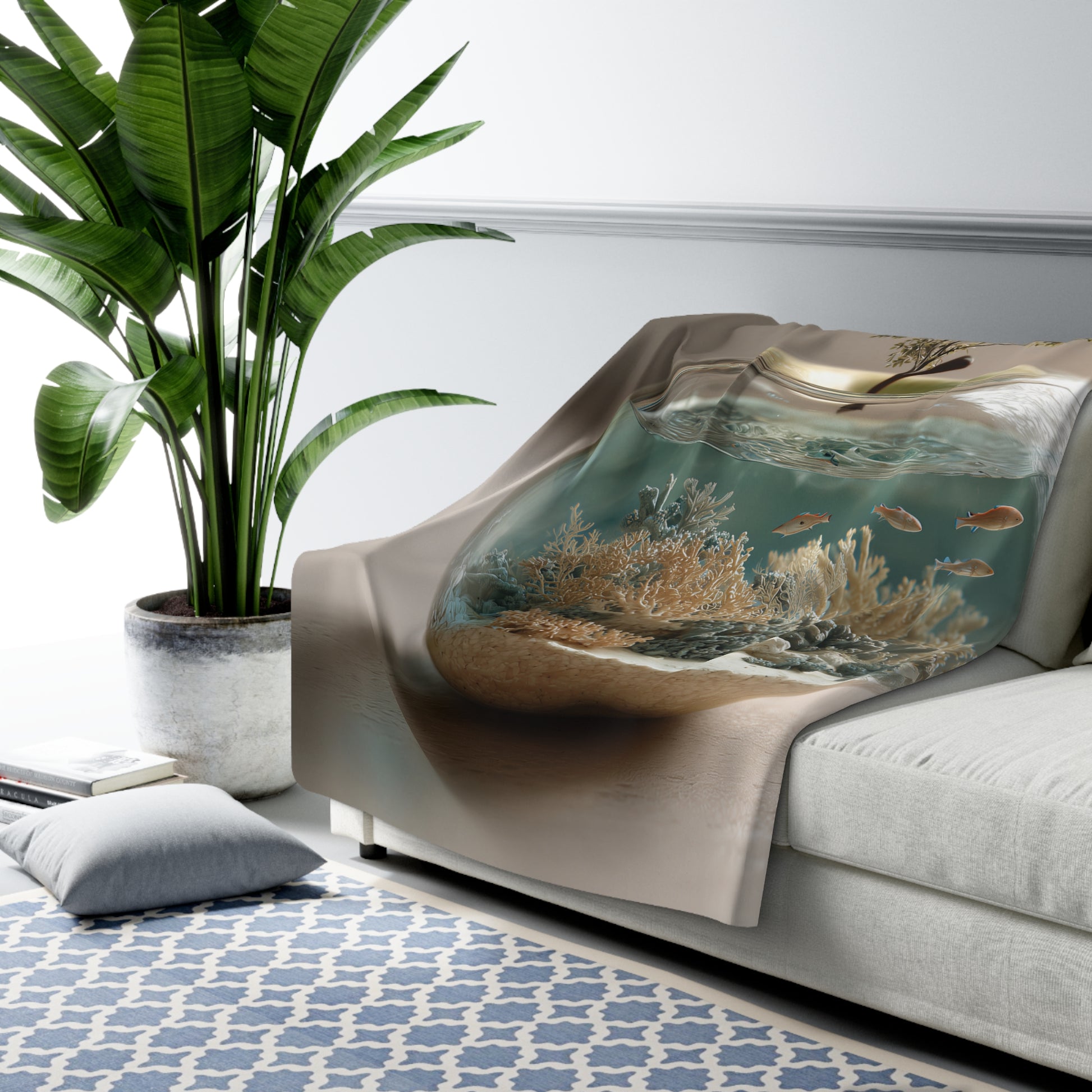 Terrarium Apple Ocean sherpa fleece blanket — nature-inspired cozy throw, unique gift, boho home decor