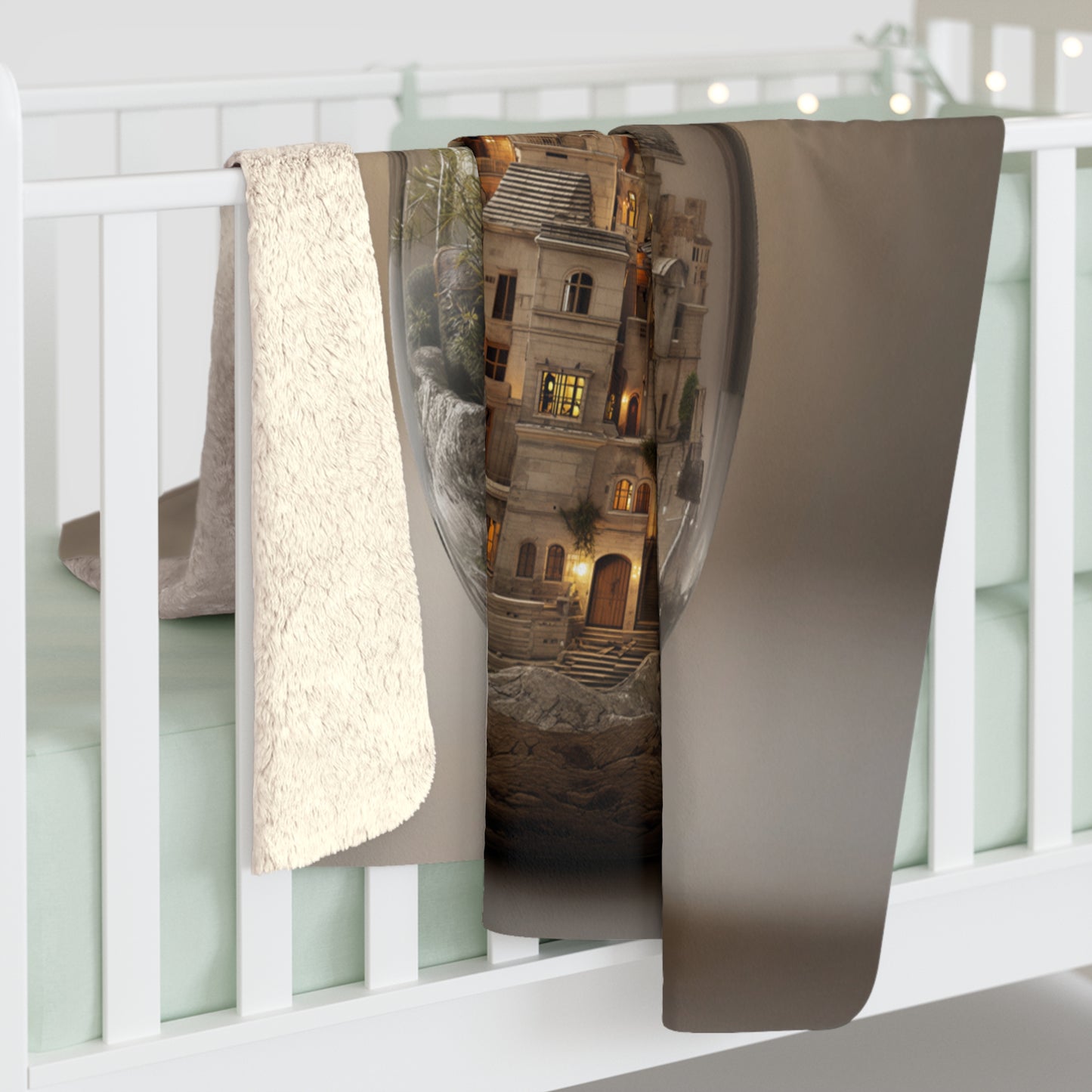 Cozy Village in a Jar sherpa fleece blanket — whimsical soft throw, housewarming gift, cozy home decor