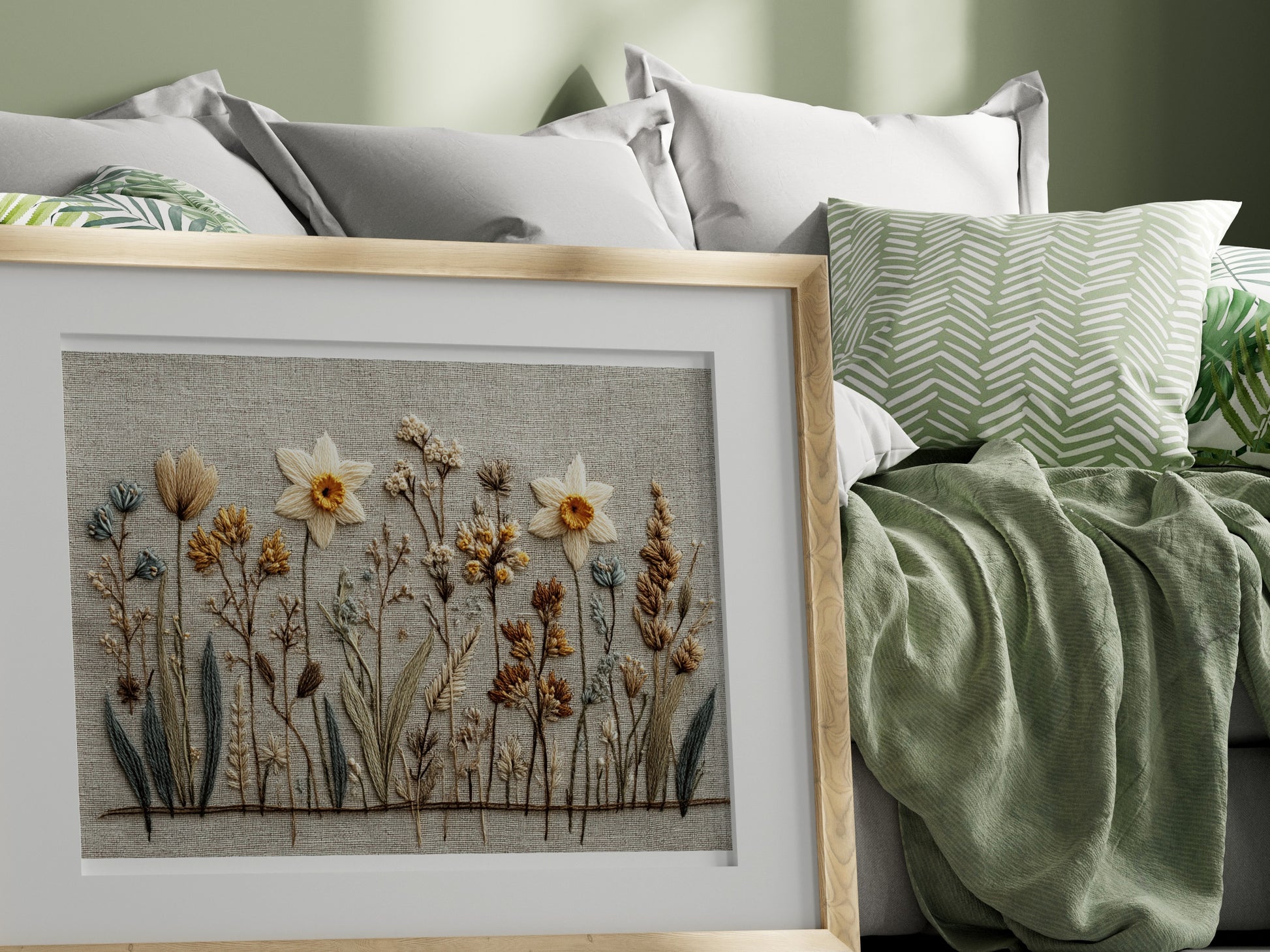 Framed Botanical Embroidery Artwork for Home Decor