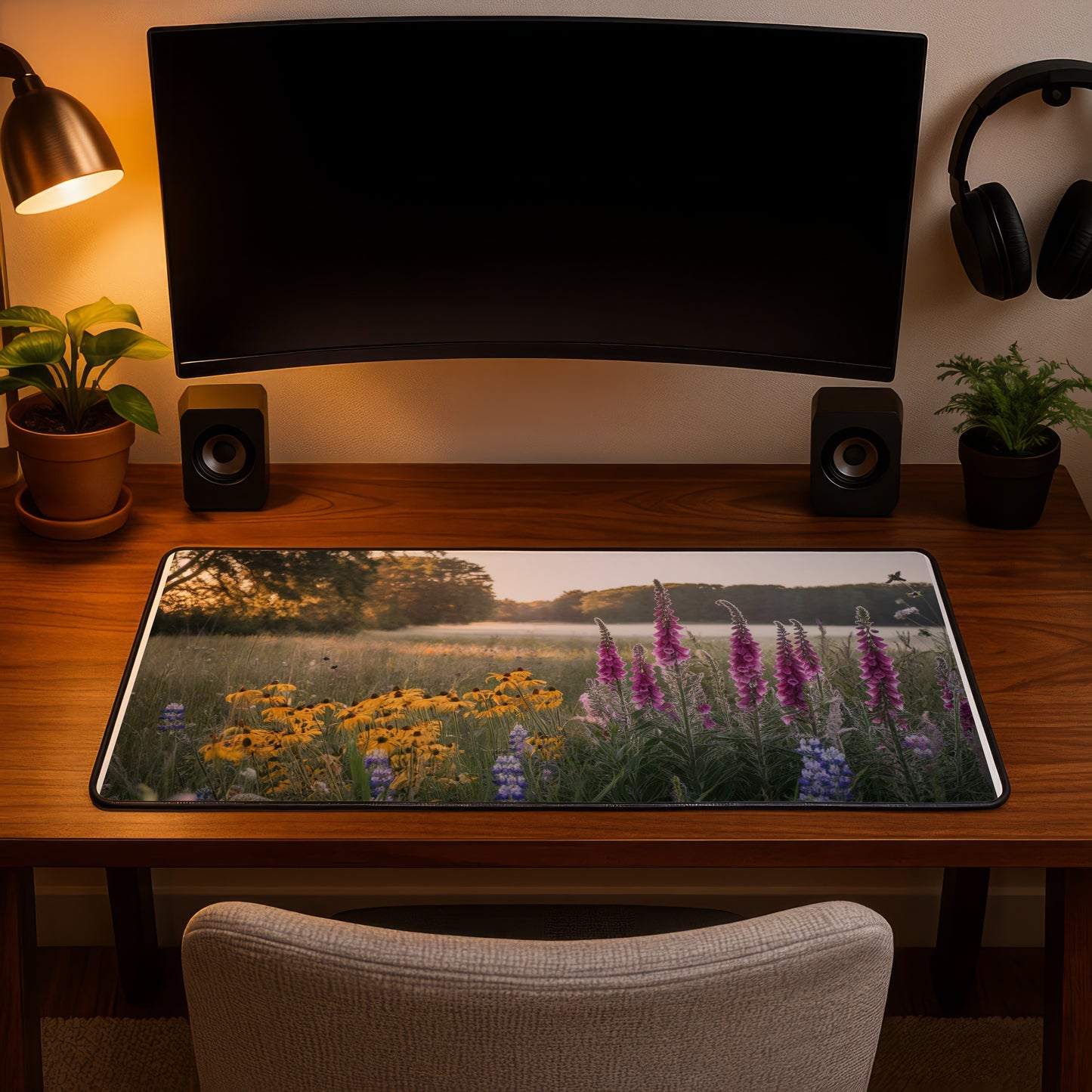 Large mousepad with wildflower field, lake, and trees at sunset.
