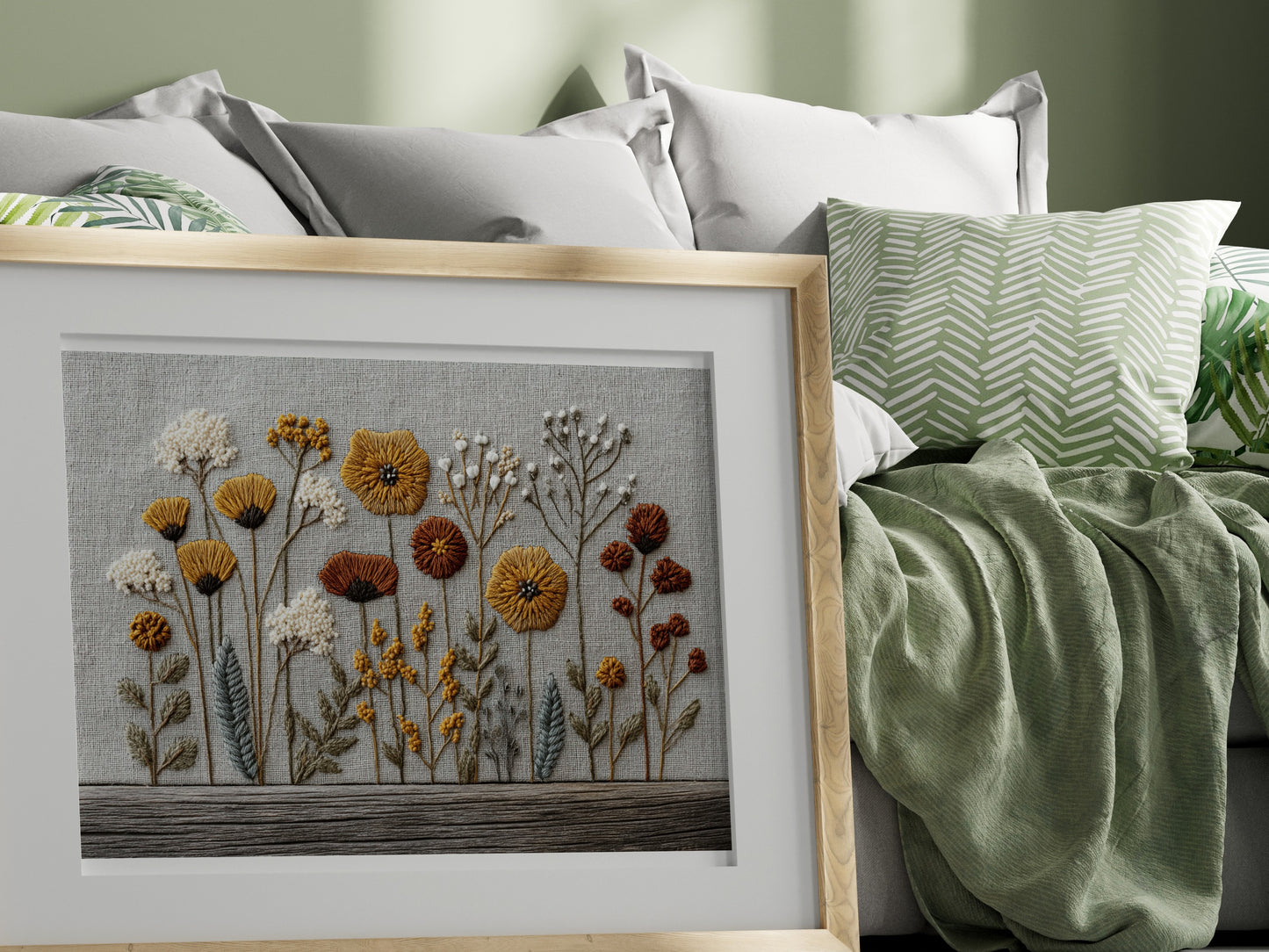 Embroidered Floral Wall Art in Wooden Frame Decor