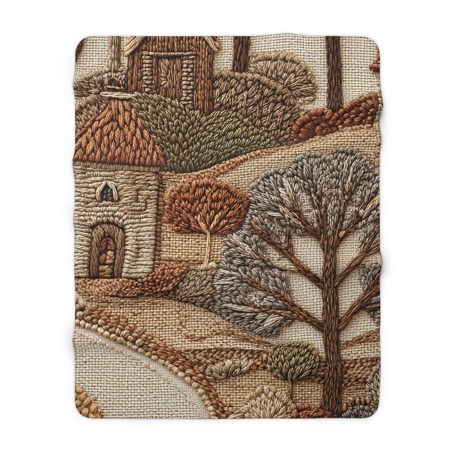 Embroidered Village cozy sherpa blanket — rustic cottagecore fleece throw, housewarming gift, living room decor
