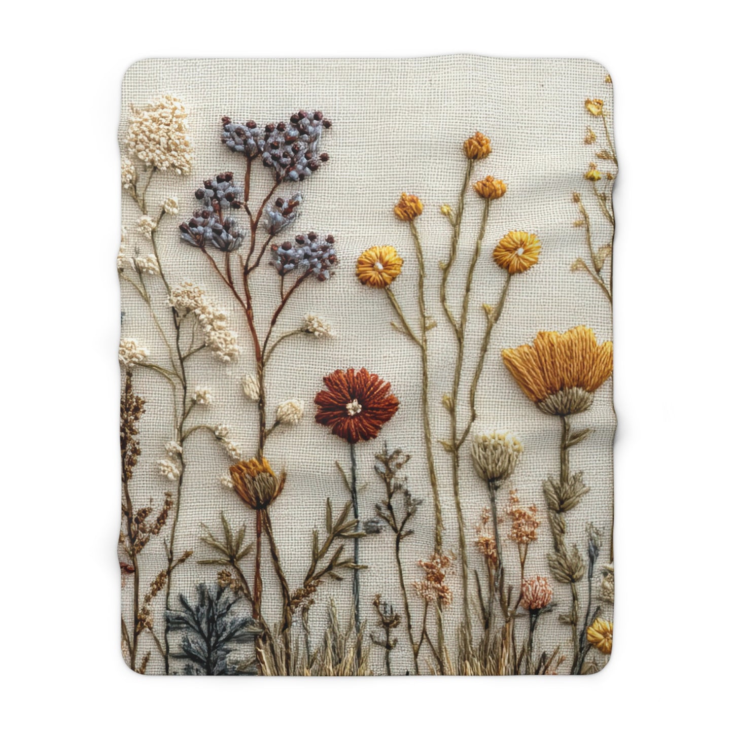 Botanical Embroidered Wildflower sherpa blanket — soft floral fleece throw, boho home decor, housewarming gift