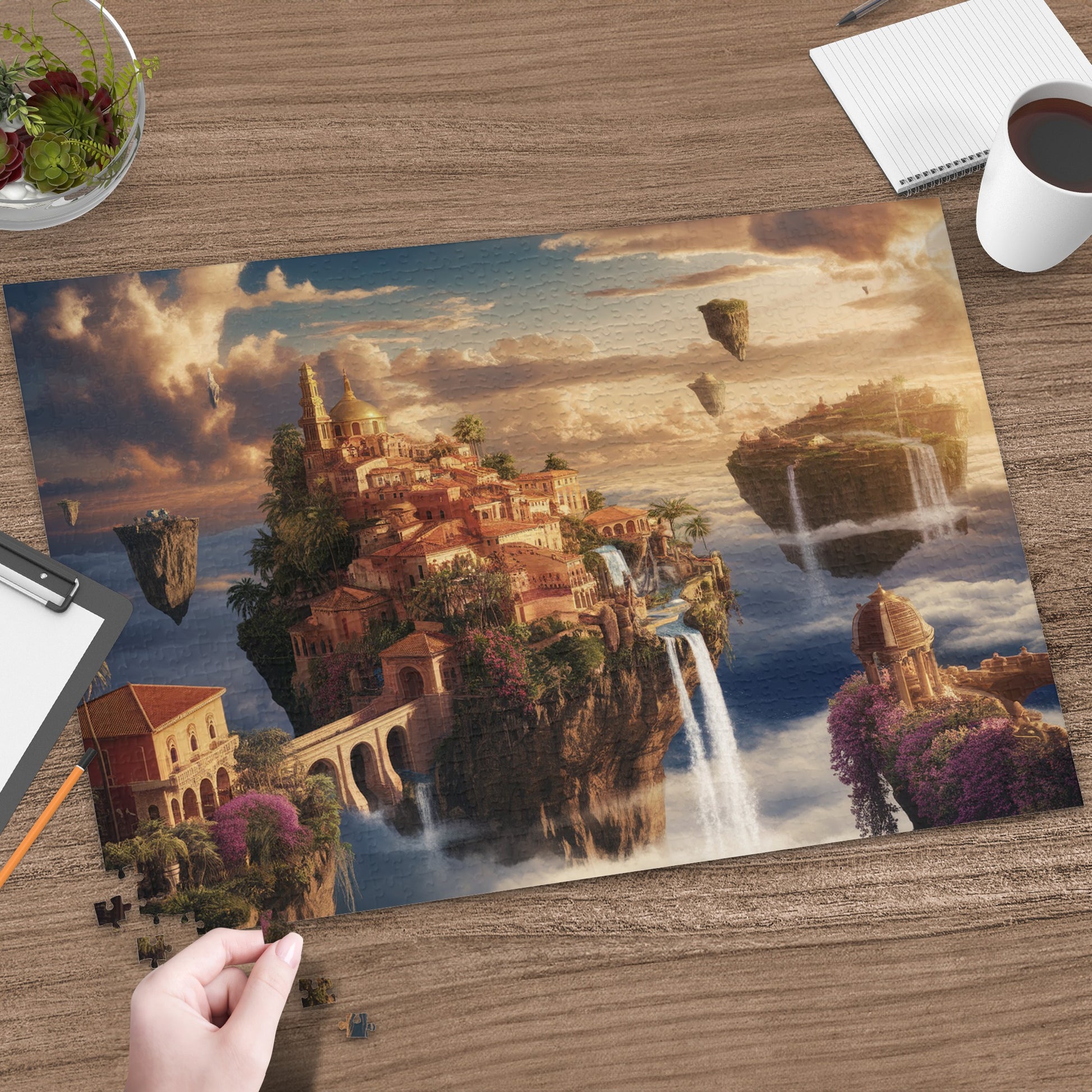 Floating islands with waterfalls and a Mediterranean-style town.