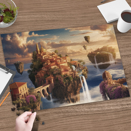 Floating islands with waterfalls and a Mediterranean-style town.