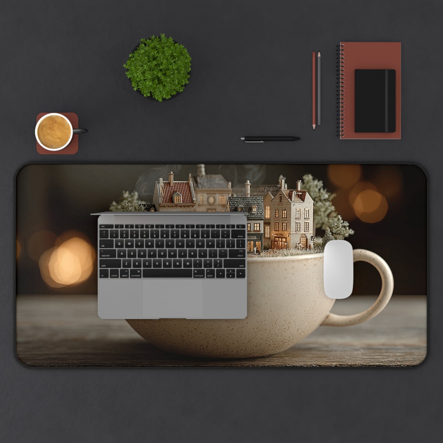 Cozy Miniature Village Desk Mat – Warm Tea Cup Town Mousepad