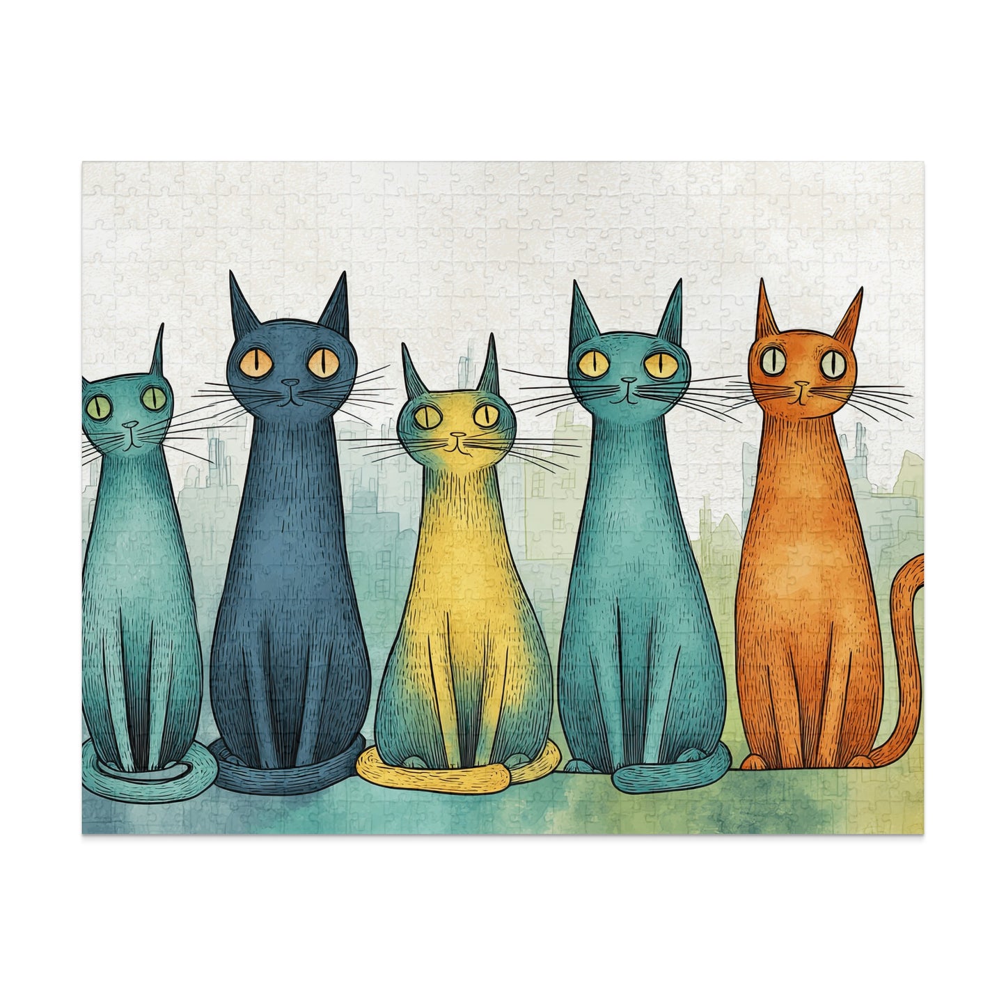 Five stylized cats in a row, each with different colors and eyes.