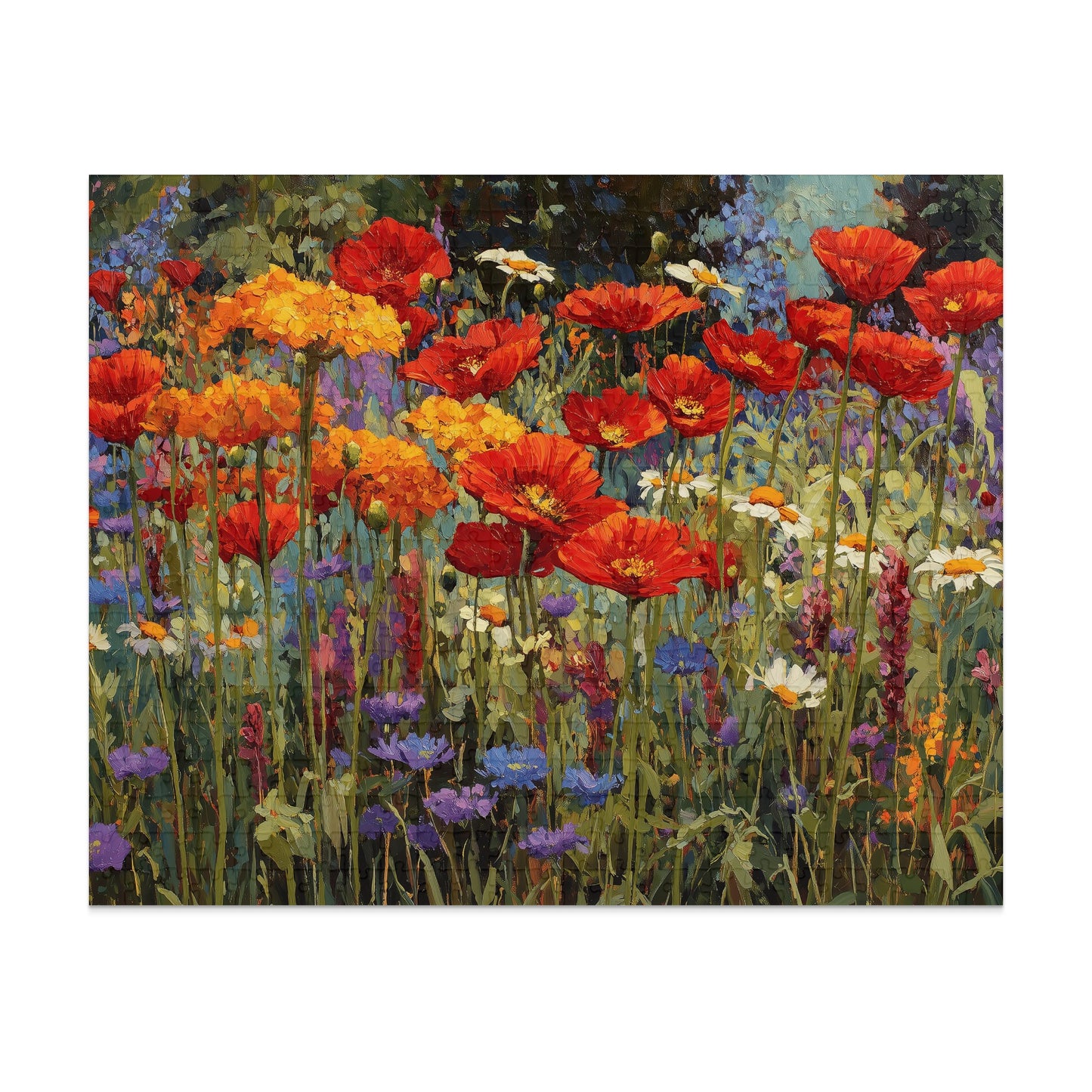 Field of red and orange poppies with blue and purple wildflowers.