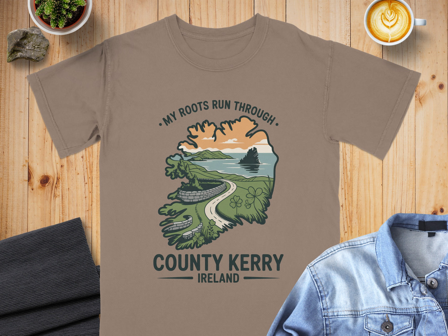 T-shirt with County Kerry Ireland map graphic and text "My Roots Run Through".