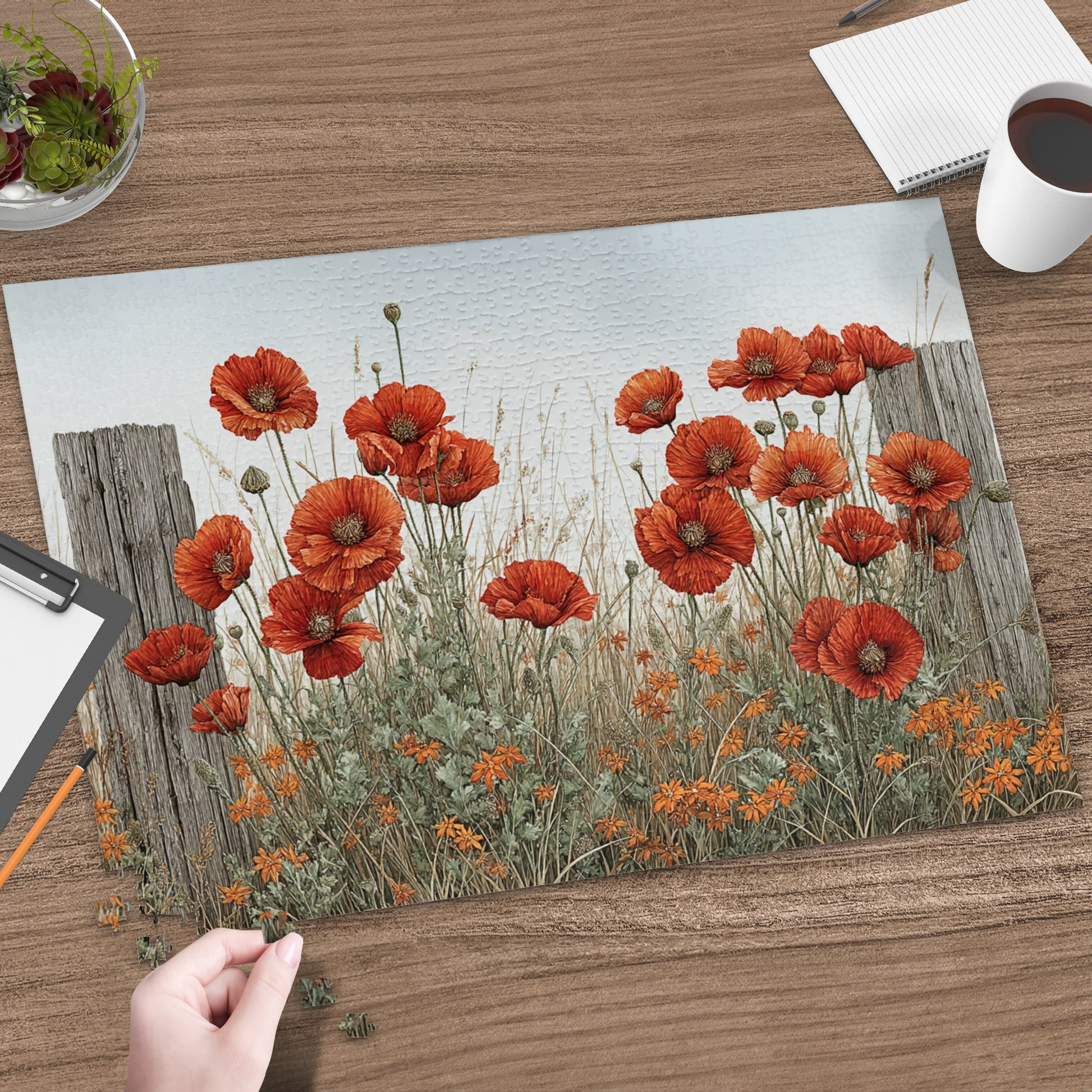 Red Orange Poppy Field with Wooden Fence Artwork