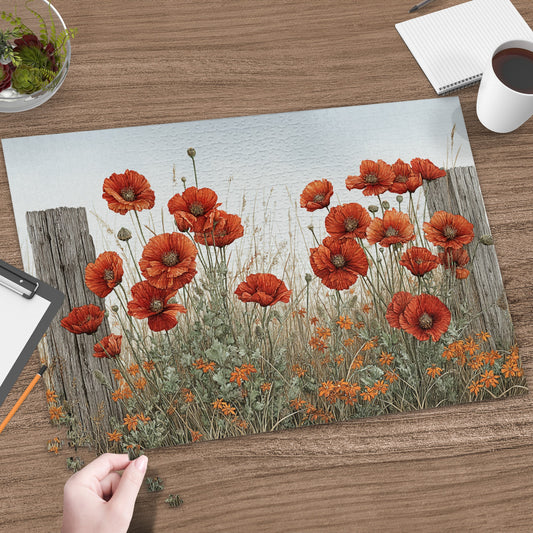 Red Orange Poppy Field with Wooden Fence Artwork