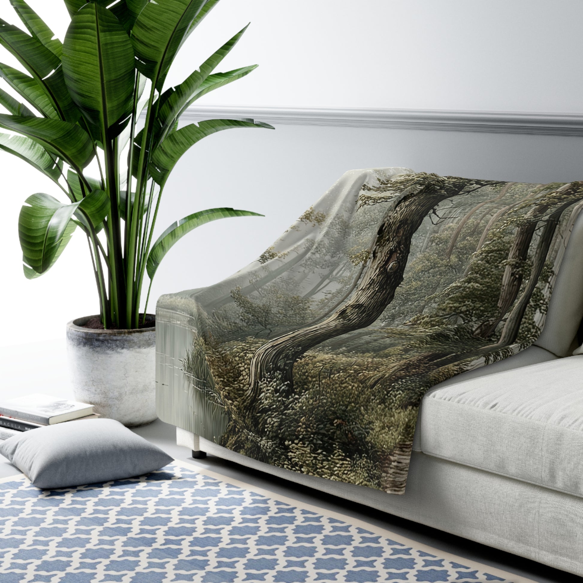 Woodland Mist sherpa blanket — cozy forest fleece throw, nature lover gift, rustic home decor
