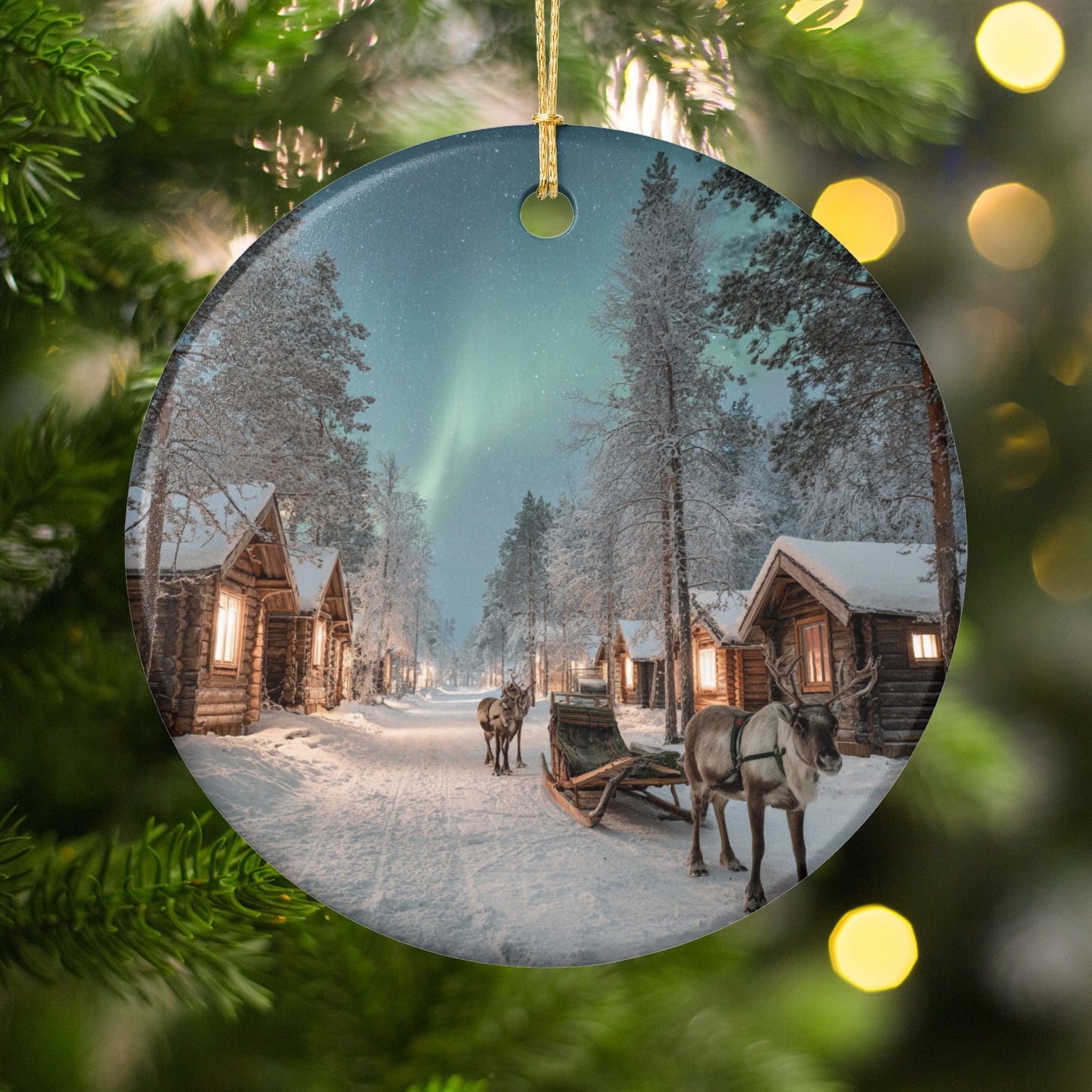 Scenic Winter Village Ornament with Aurora Borealis