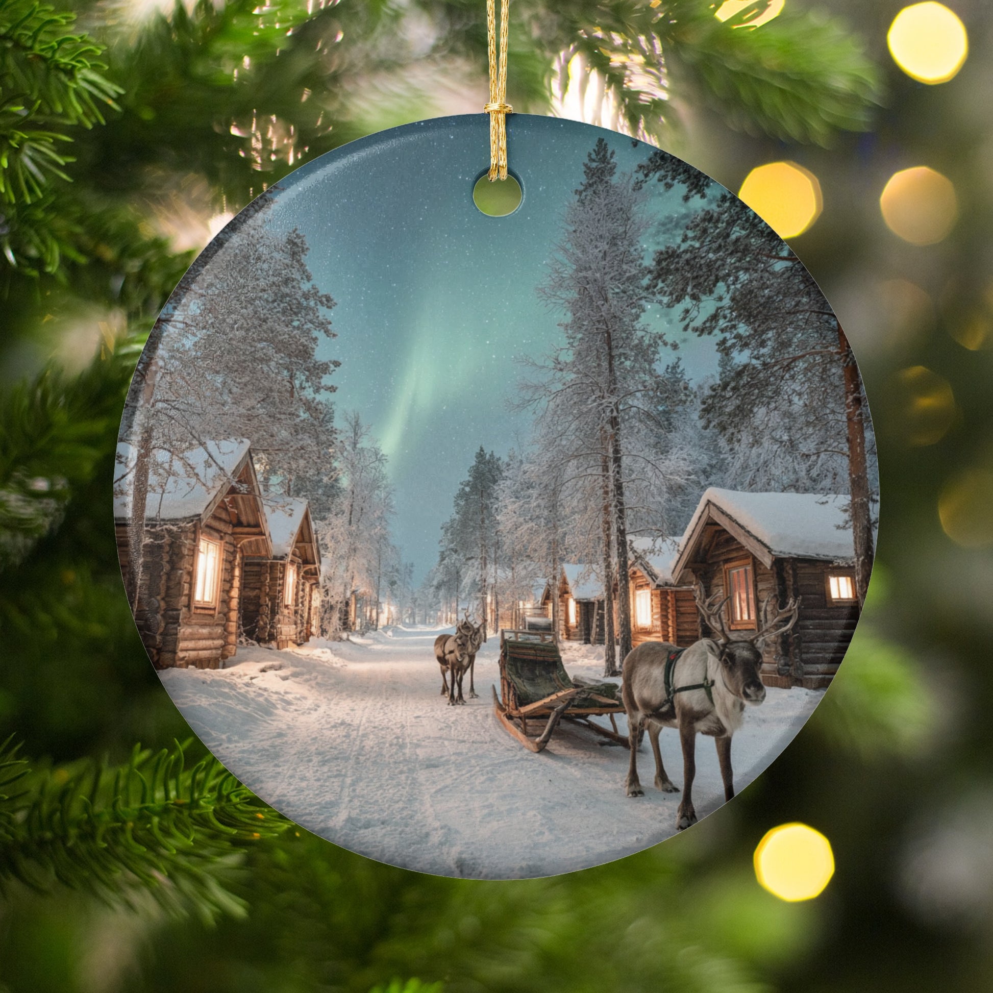 Scenic Winter Village Ornament with Aurora Borealis