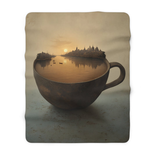 Cozy Sunrise Coffee Cup sherpa blanket — surreal fleece throw, coffee lover gift, warm bedroom decor