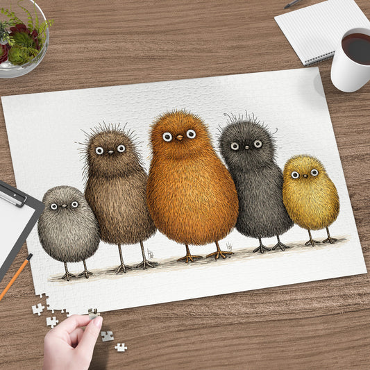Five fluffy cartoon birds of varying sizes and colors stand in a line.