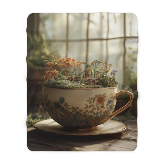 Vintage Teacup Terrarium sherpa blanket — cozy cottagecore throw, plant lover gift, boho home decor
