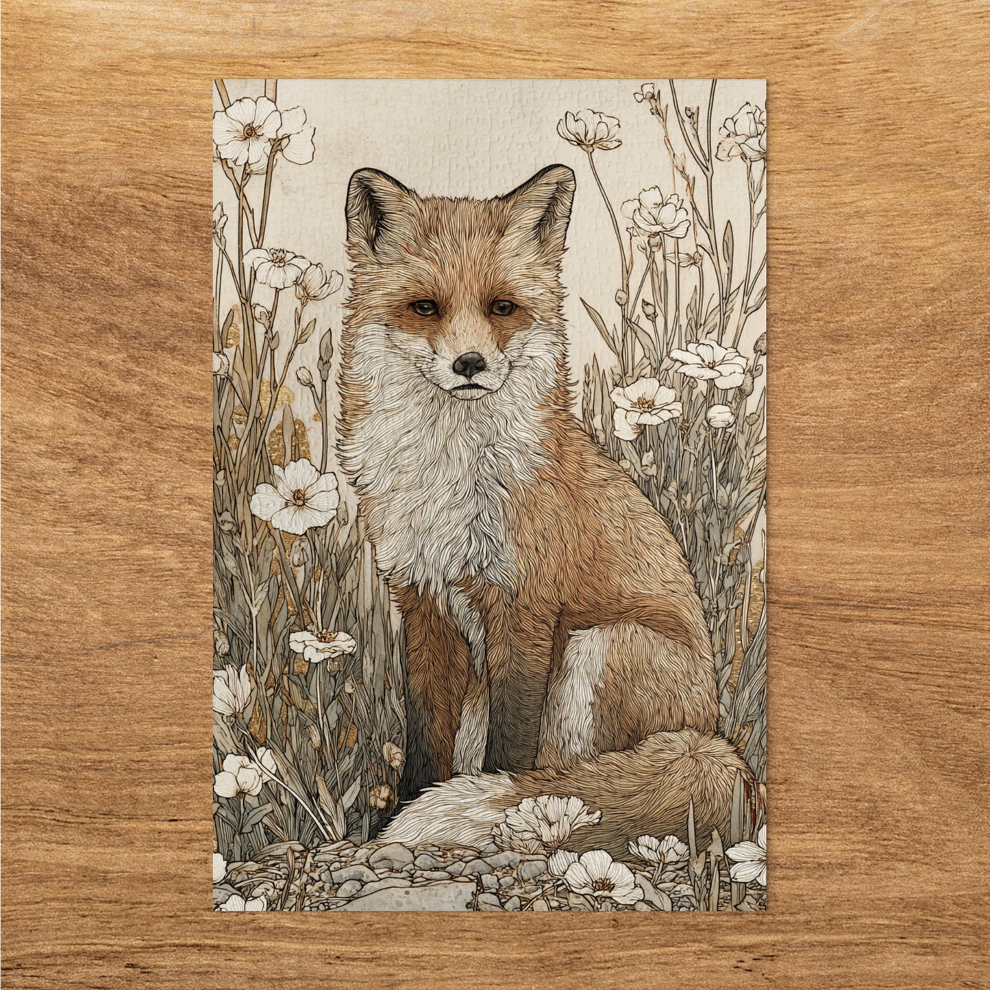 Handcrafted Fox Art Print Among Wildflowers
