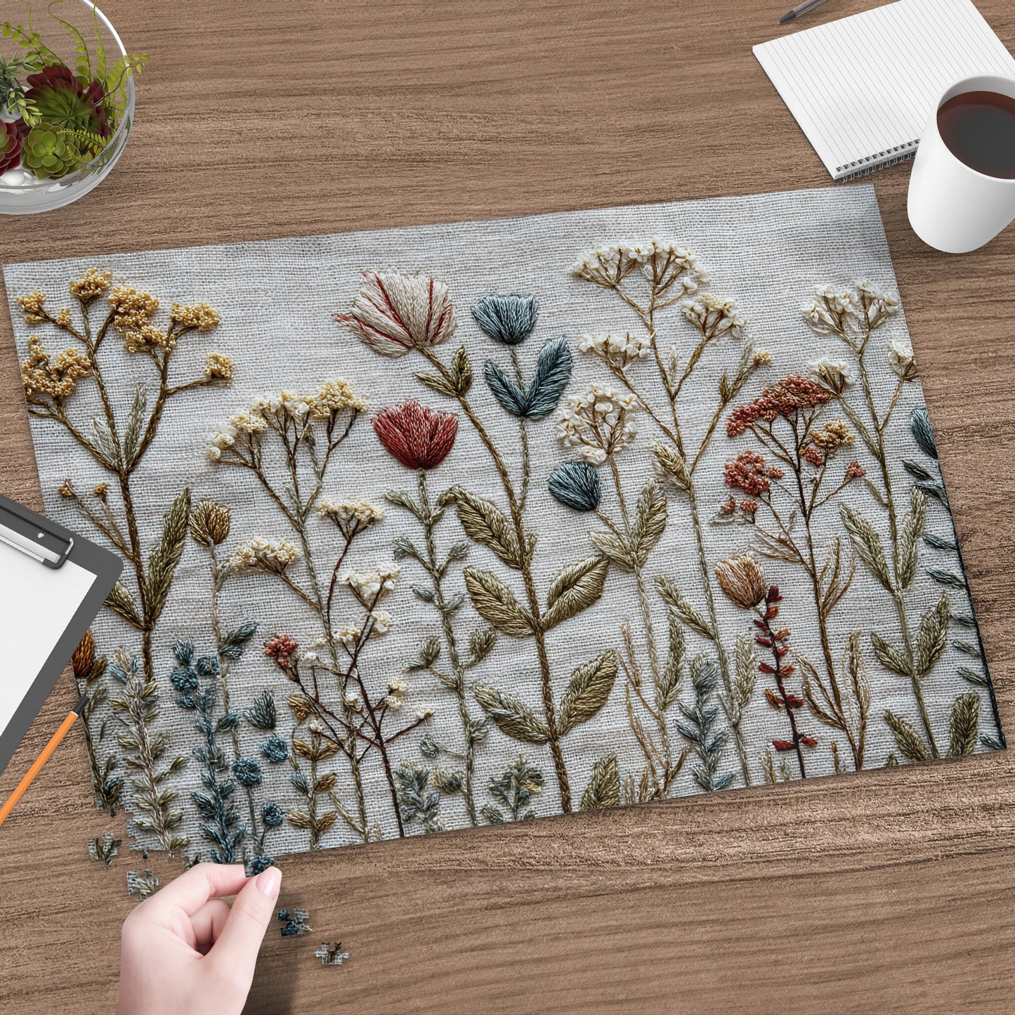 Embroidery sampler featuring wildflowers and plants on a wooden surface.