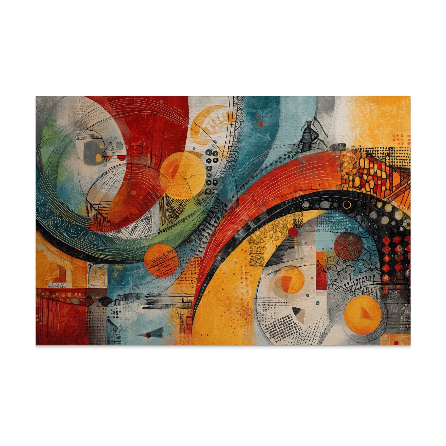 Dynamic abstract modern art colorful shapes texture product type
Abstract art
Modern design
Contemporary art
Vibrant colors
Geometric shapes
Circle art
Arc design
Textured painting
Wall decor
Home accent
Colorful artwork
Red yellow blue
Orange green hues
Unique pattern
Dynamic visual
Artistic expression
Abstract canvas
Digital art print
Office decor
Living room art